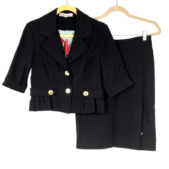 Vintage Retro Black 2-Piece Jacket and Skirt Suit Set 6 Small Career Office - Picture 1 of 13